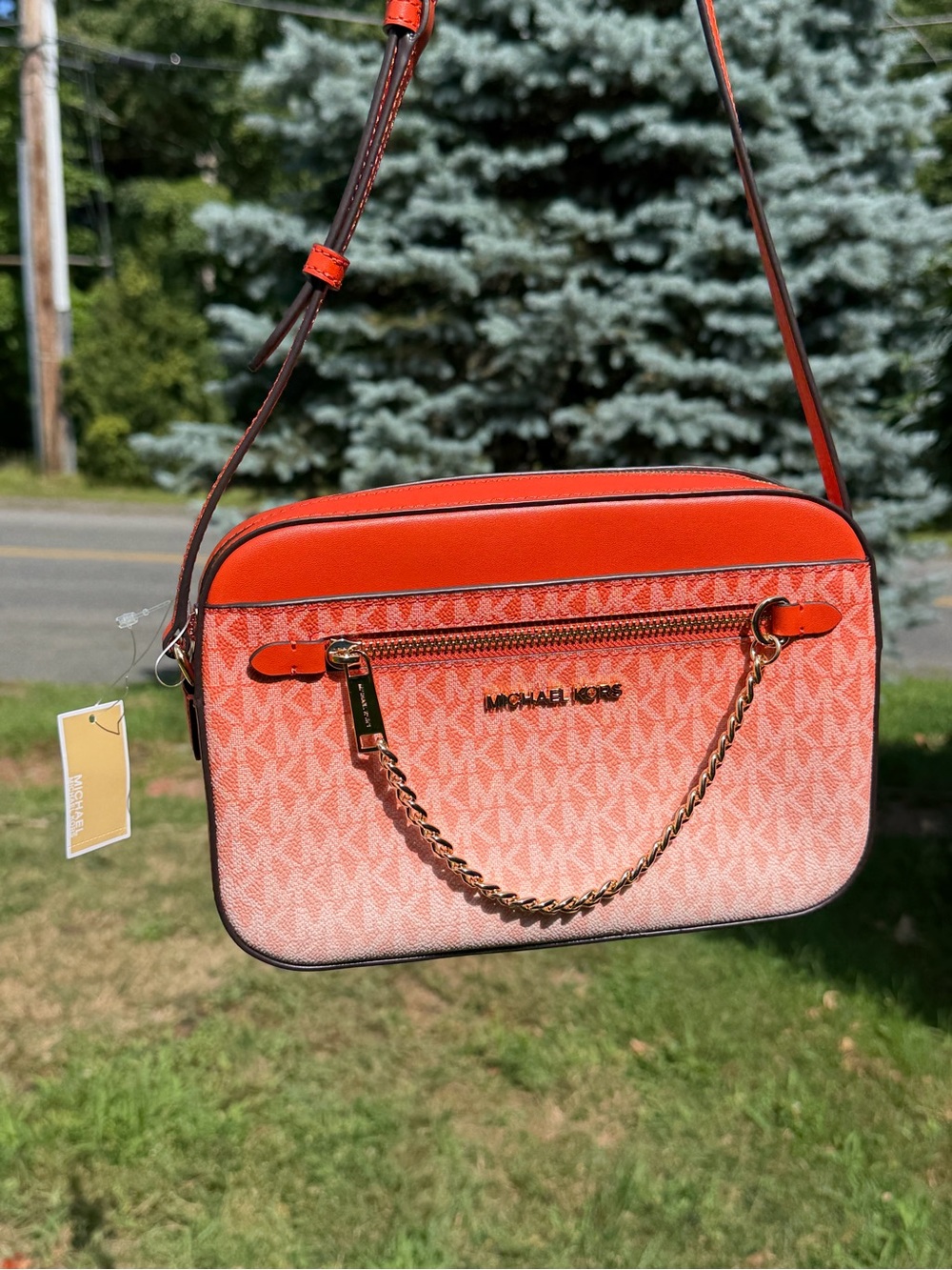 Michael Kors Jet Set Large EW Zip Chain Crossbody Red Clay Ombré NWT